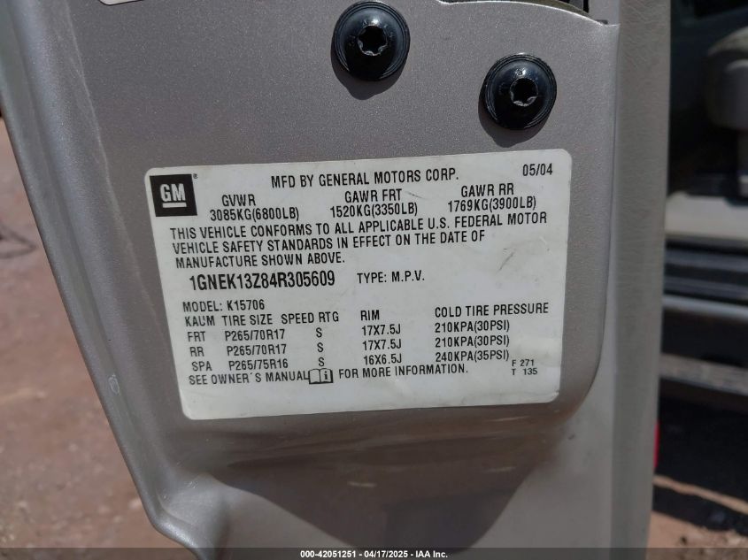 2004 Chevrolet Tahoe Z71 VIN: 1GNEK13Z84R305609 Lot: 42051251