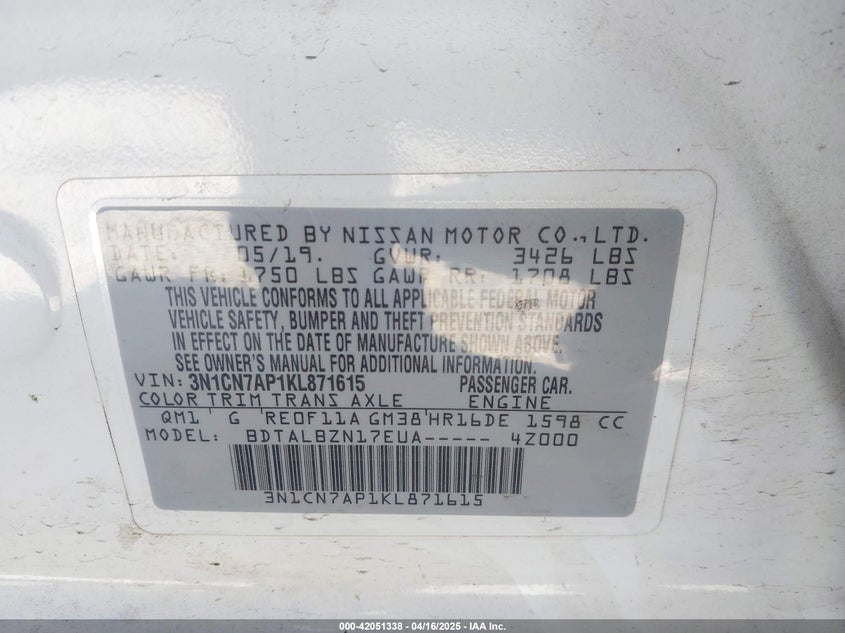 2019 NISSAN VERSA S/S PLUS/SV - 3N1CN7AP1KL871615