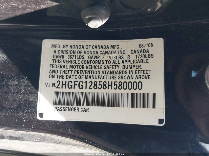 2008 HONDA CIVIC VIN: 2HGFG12858H580000