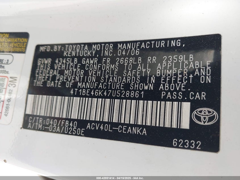 2007 TOYOTA CAMRY VIN: 4T1BE46K47U528861
