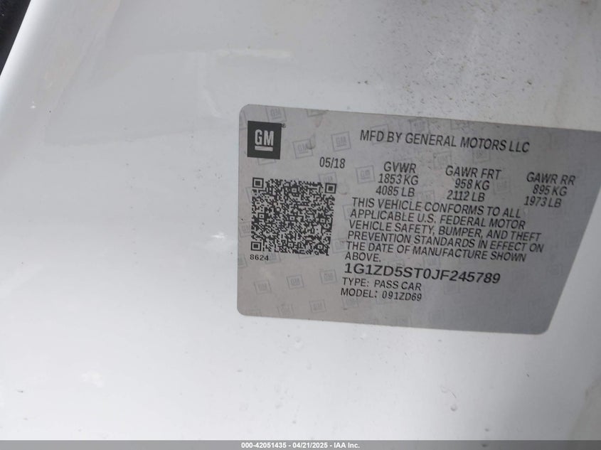 2018 CHEVROLET MALIBU VIN: 1G1ZD5ST0JF245789