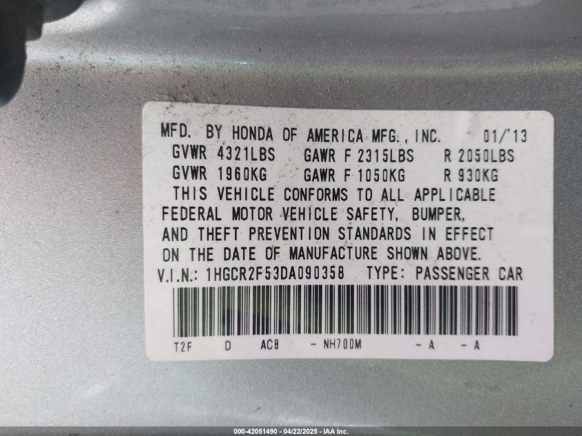 2013 Honda Accord Sport VIN: 1HGCR2F53DA090358 Lot: 42051490