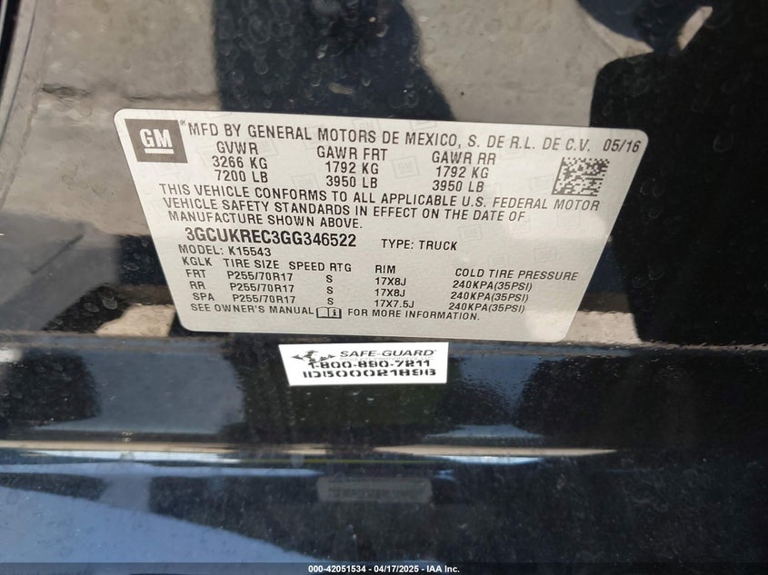 2016 CHEVROLET SILVERADO 1500 VIN: 3GCUKREC3GG346522