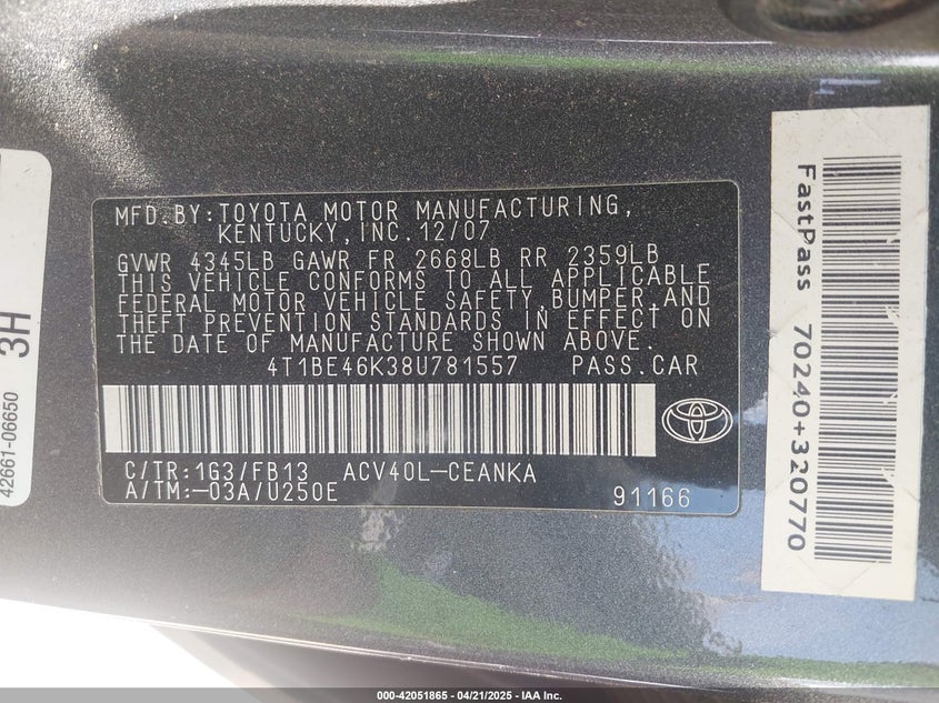 2008 TOYOTA CAMRY VIN: 4T1BE46K38U781557