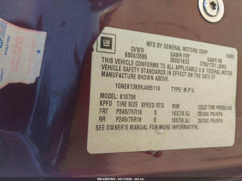 1995 Chevrolet Tahoe K1500 VIN: 1GNEK13K9SJ455114 Lot: 42051903