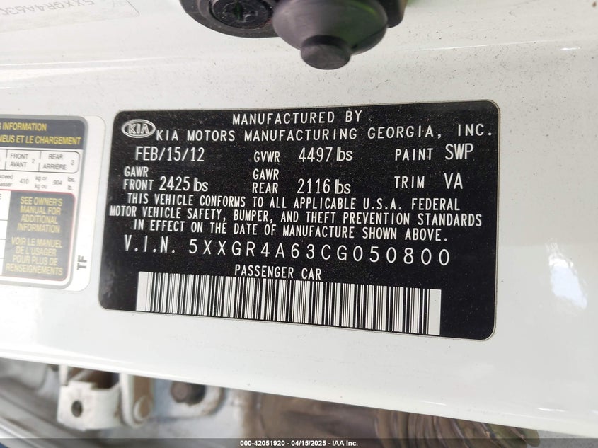 2012 KIA OPTIMA VIN: 5XXGR4A63CG050800