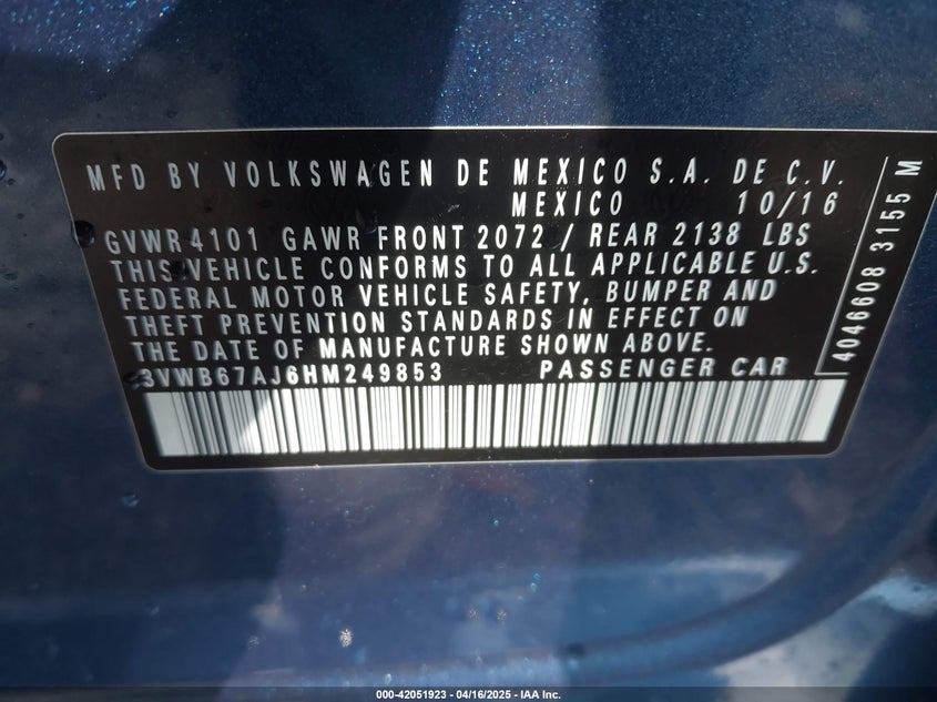 2017 VOLKSWAGEN JETTA VIN: 3VWB67AJ6HM249853