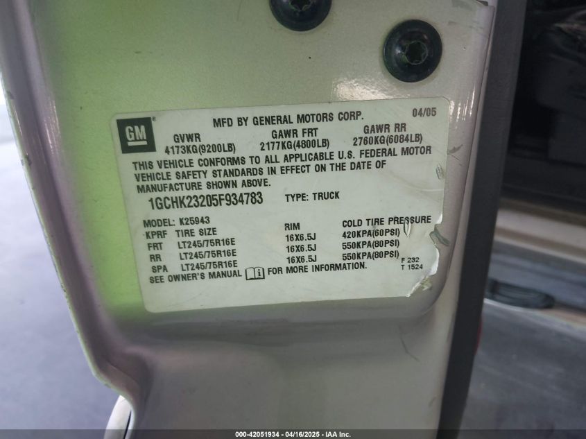 2005 Chevrolet Silverado 2500Hd Lt VIN: 1GCHK23205F934783 Lot: 42051934
