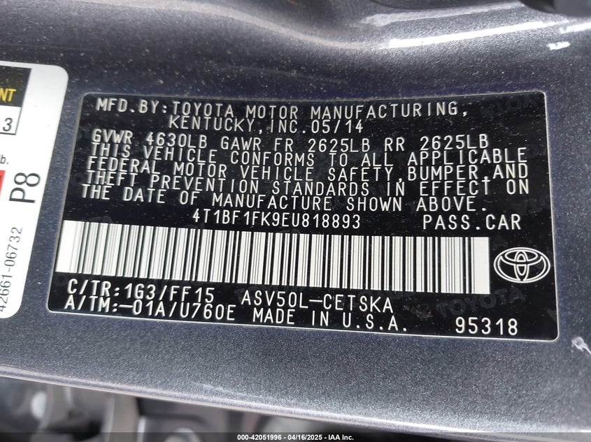 2014 TOYOTA CAMRY VIN: 4T1BF1FK9EU818893