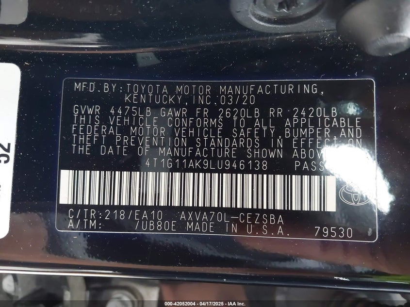 2020 TOYOTA CAMRY VIN: 4T1G11AK9LU946138