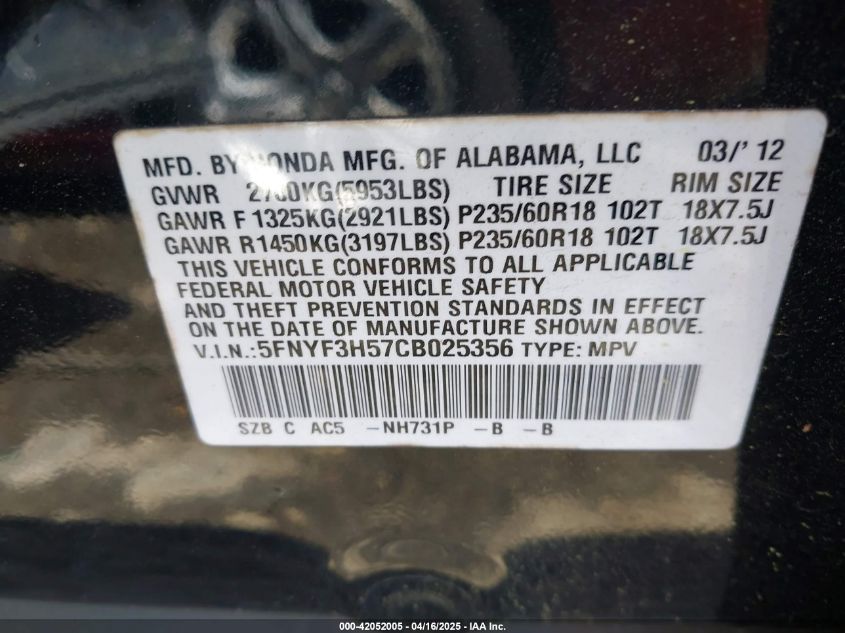 2012 Honda Pilot Ex-L VIN: 5FNYF3H57CB025356 Lot: 42052005