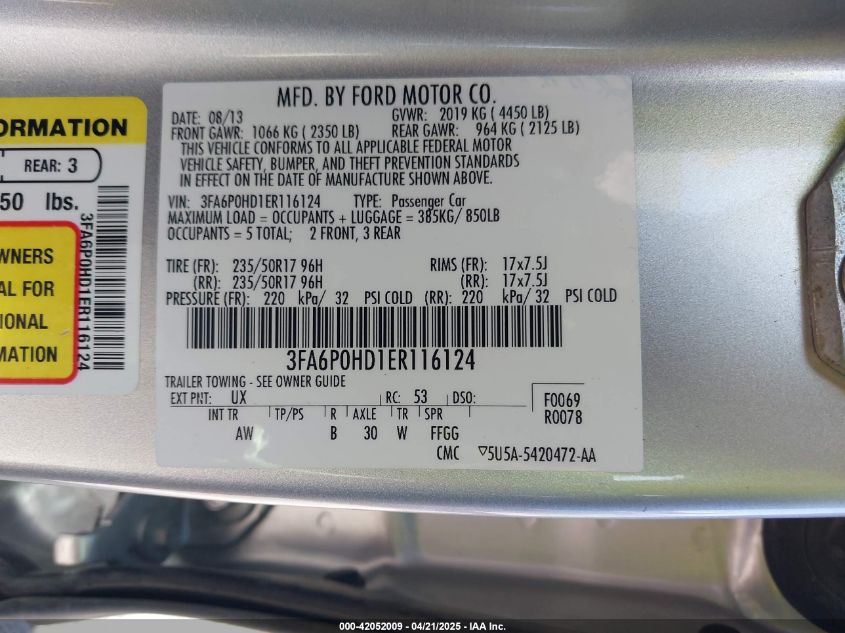 2014 Ford Fusion Se VIN: 3FA6P0HD1ER116124 Lot: 42052009