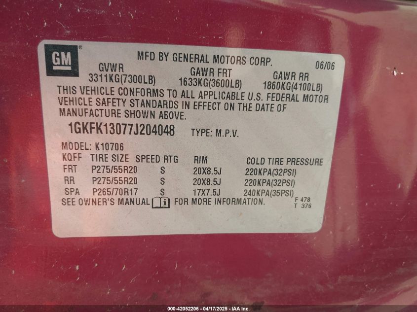 2007 GMC Yukon Slt VIN: 1GKFK13077J204048 Lot: 42052206