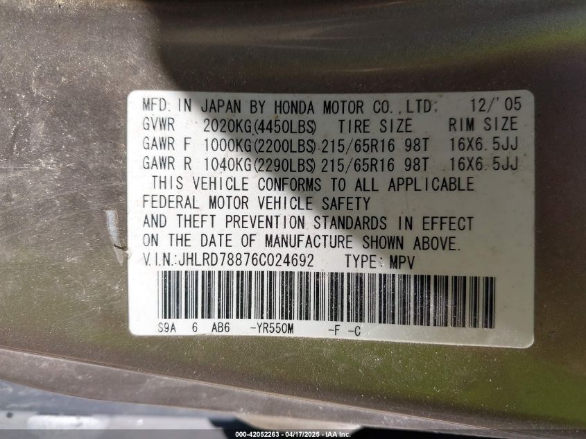 2006 Honda Cr-V Ex VIN: JHLRD78876C024692 Lot: 42052263