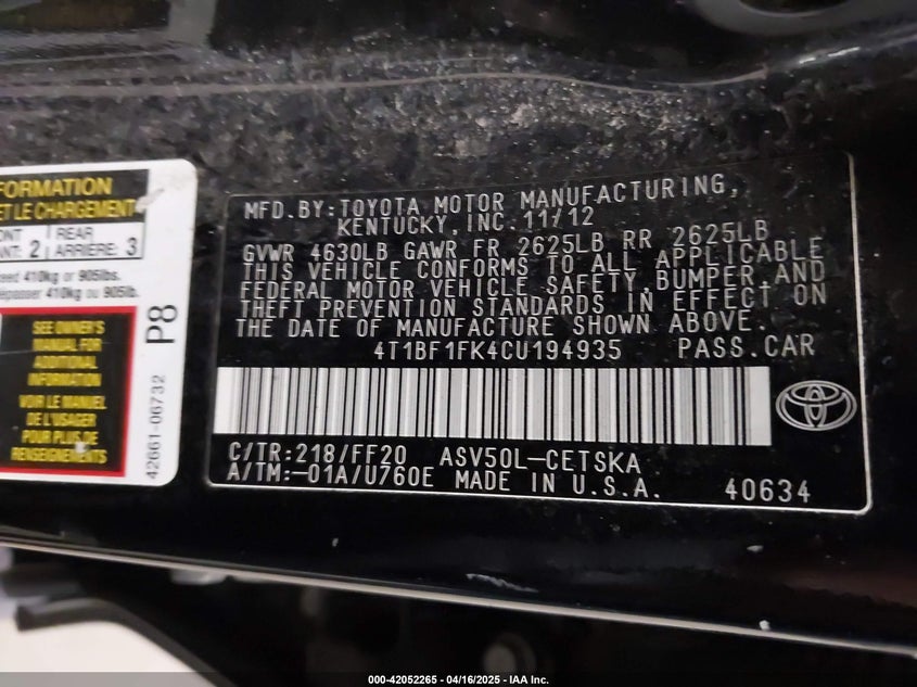 2012 TOYOTA CAMRY VIN: 4T1BF1FK4CU194935