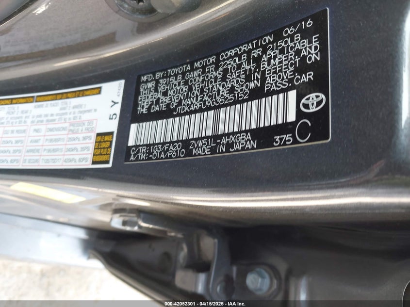 2016 TOYOTA PRIUS VIN: JTDKARFU9G3525152