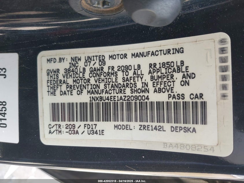 2010 TOYOTA COROLLA VIN: 1NXBU4EE1AZ209004