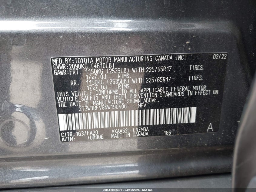 VIN 2T3W1RFV8NW190406 2022 TOYOTA RAV4 XLE