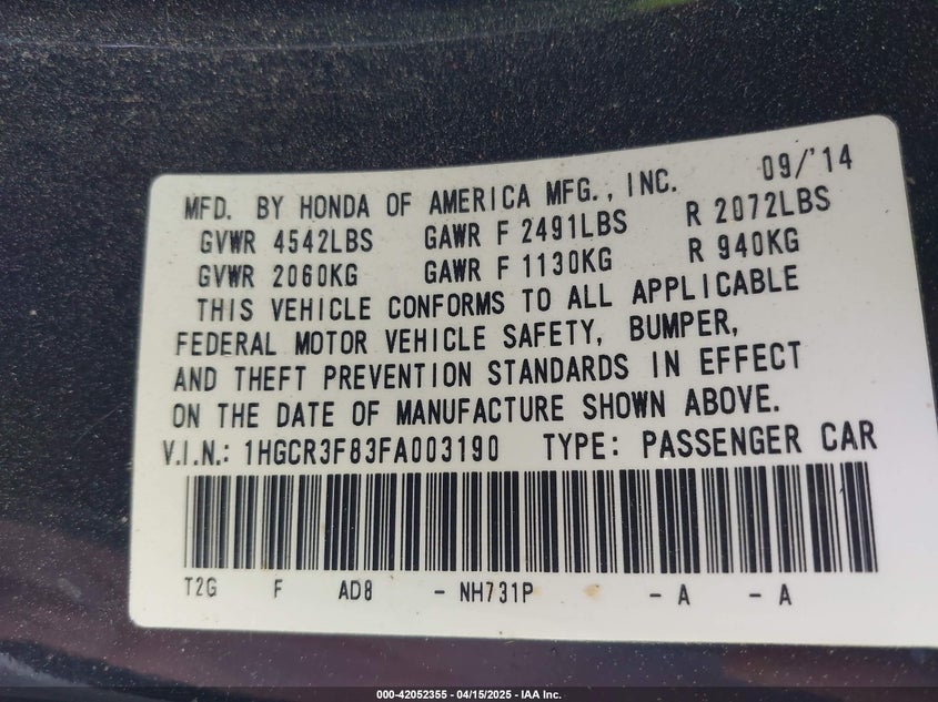 2015 HONDA ACCORD VIN: 1HGCR3F83FA003190