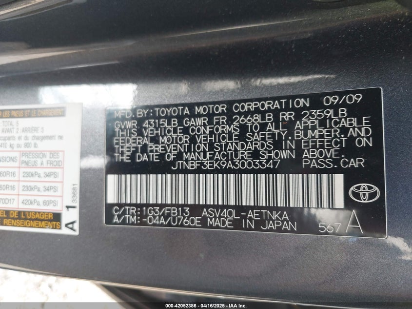 2010 TOYOTA CAMRY VIN: JTNBF3EK9A3003347