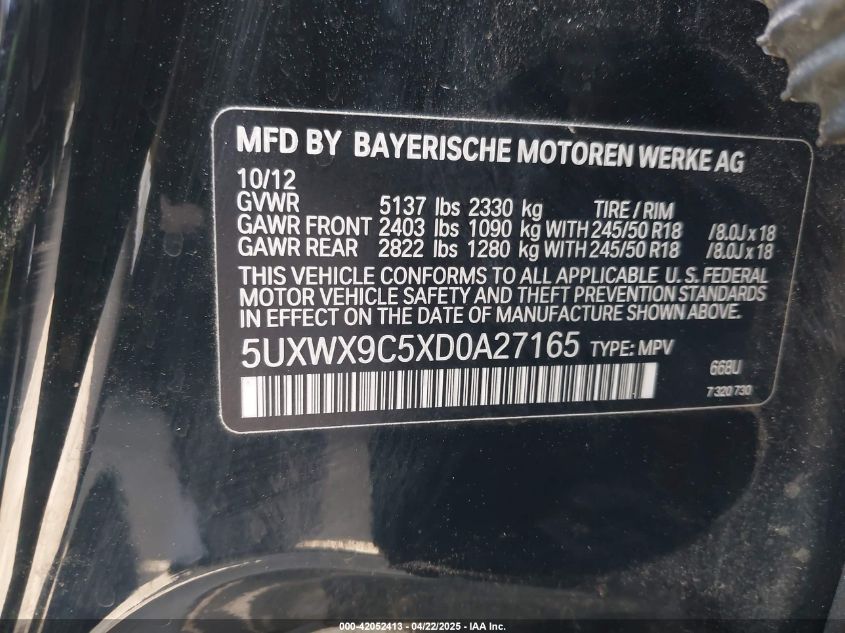 2013 BMW X3 xDrive28I VIN: 5UXWX9C5XD0A27165 Lot: 42052413