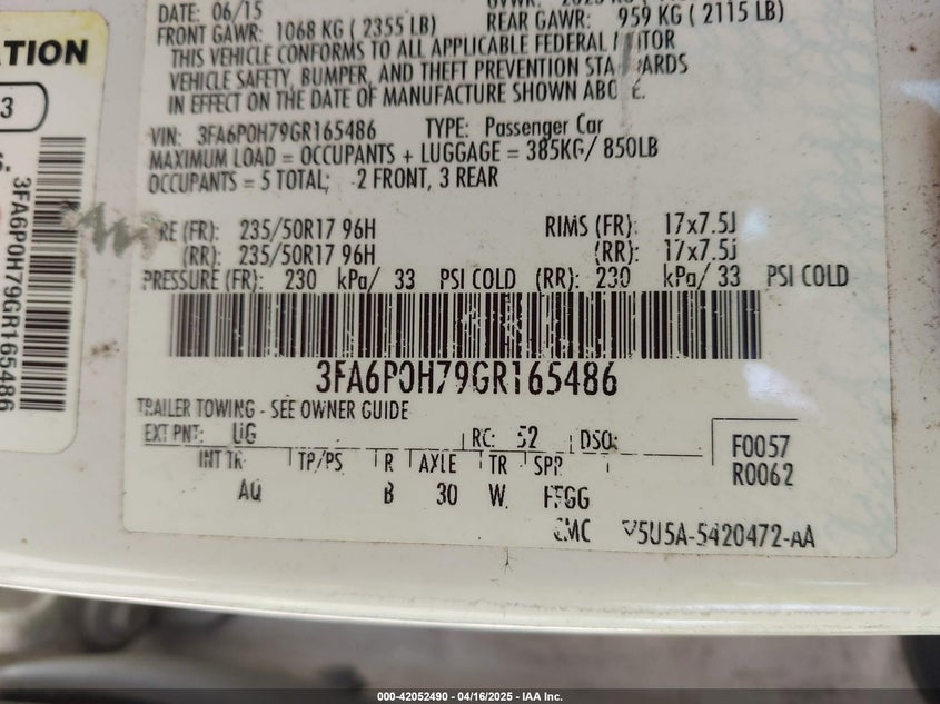 2016 FORD FUSION VIN: 3FA6P0H79GR165486