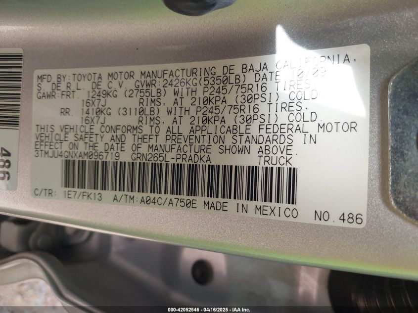 2010 Toyota Tacoma Prerunner V6 VIN: 3TMJU4GNXAM096719 Lot: 42052546
