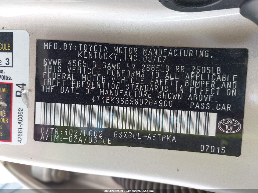 2008 Toyota Avalon Limited VIN: 4T1BK36B98U264900 Lot: 42052569