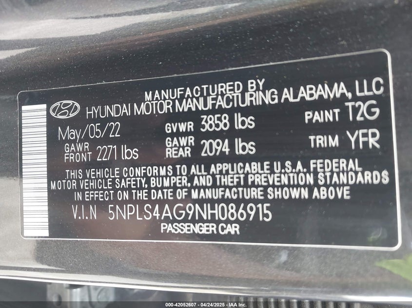 2022 HYUNDAI ELANTRA VIN: 5NPLS4AG9NH086915