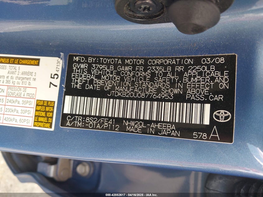 2008 TOYOTA PRIUS VIN: JTDKB20U087764953