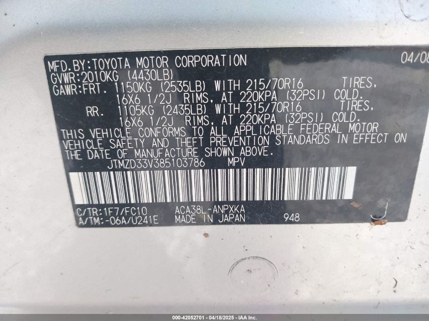 2008 Toyota Rav4 VIN: JTMZD33V385103786 Lot: 42052701