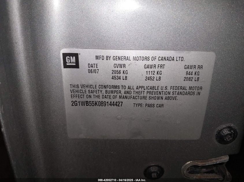 2008 Chevrolet Impala Ls VIN: 2G1WB55K089144427 Lot: 42052710