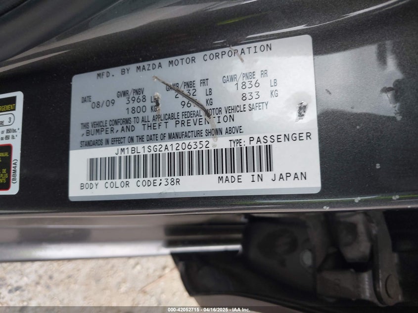 2010 MAZDA MAZDA3 VIN: JM1BL1SG2A1206352