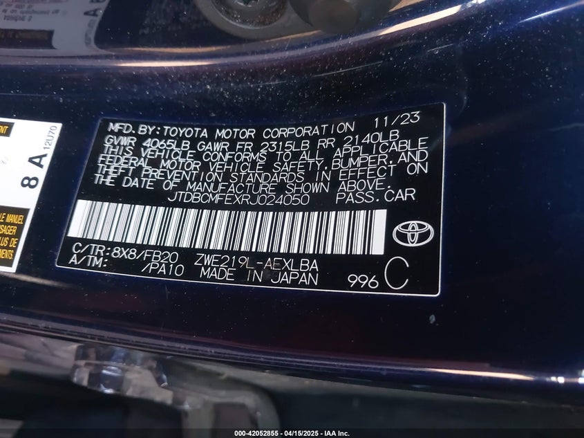 2024 TOYOTA COROLLA VIN: JTDBCMFEXRJ024050