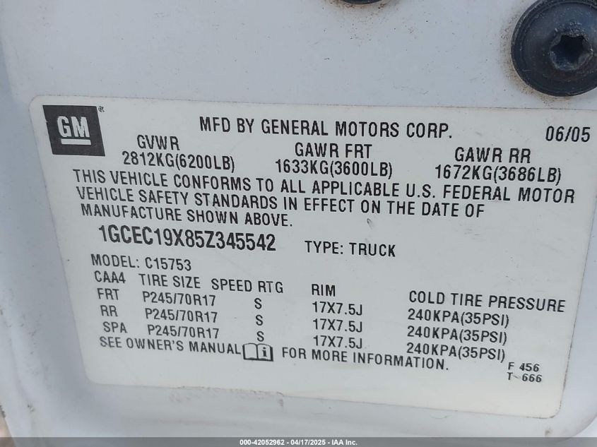 2005 Chevrolet Silverado 1500 Work Truck VIN: 1GCEC19X85Z345542 Lot: 42052962