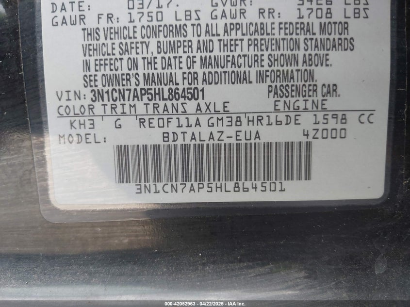 2017 NISSAN VERSA VIN: 3N1CN7AP5HL864501