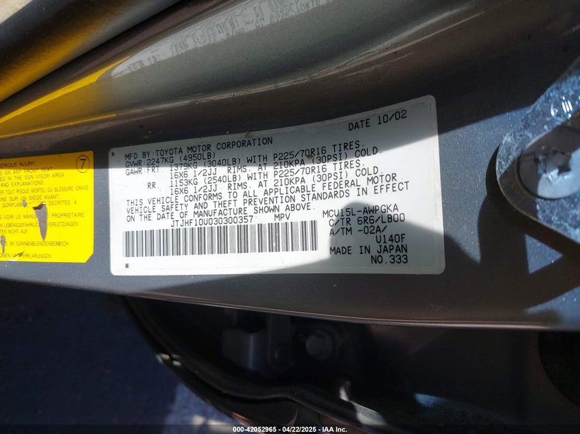 2003 Lexus Rx 300 VIN: JTJHF10U030300357 Lot: 42052965