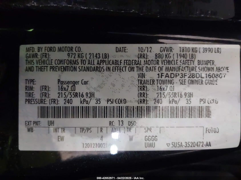 2013 FORD FOCUS VIN: 1FADP3F28DL160807