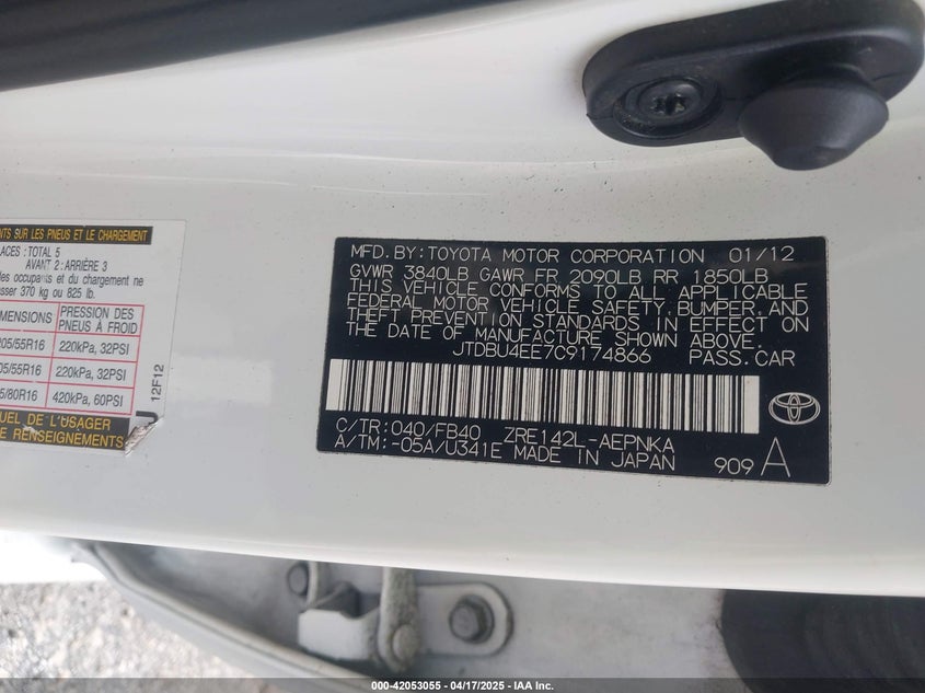 2012 TOYOTA COROLLA VIN: JTDBU4EE7C9174866
