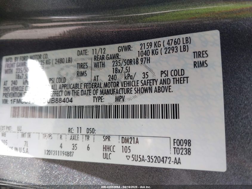 2013 Ford Escape Se VIN: 1FMCU9GX3DUB88404 Lot: 42053064