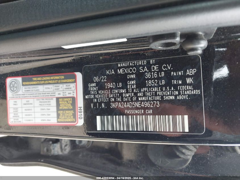 2022 Kia Rio Lx VIN: 3KPA24AD5NE496273 Lot: 42053094