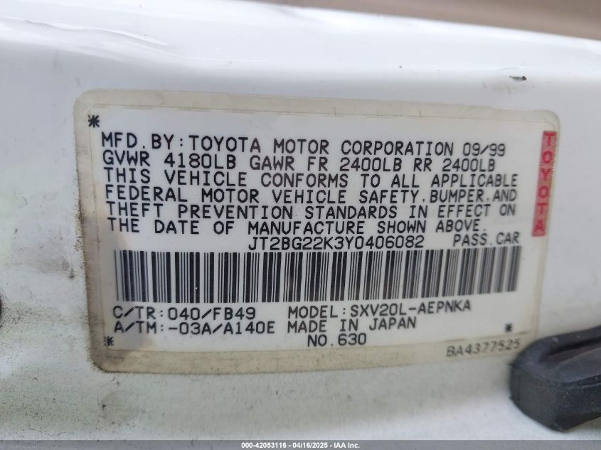 2000 Toyota Camry Le VIN: JT2BG22K3Y0406082 Lot: 42053116