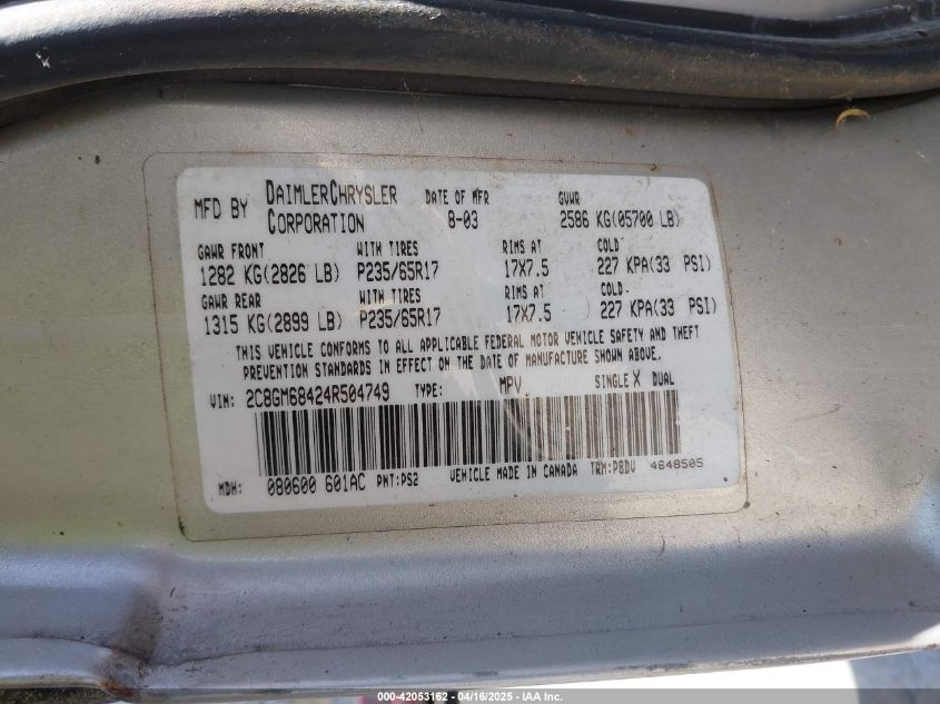 2004 Chrysler Pacifica VIN: 2C8GM68424R504749 Lot: 42053162