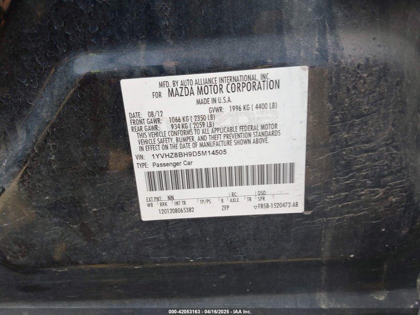 2013 MAZDA MAZDA6 VIN: 1YVHZ8BH9D5M14505
