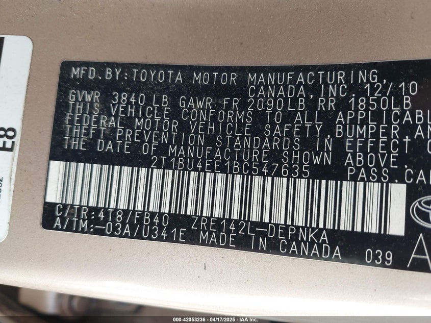 2011 TOYOTA COROLLA VIN: 2T1BU4EE1BC547635