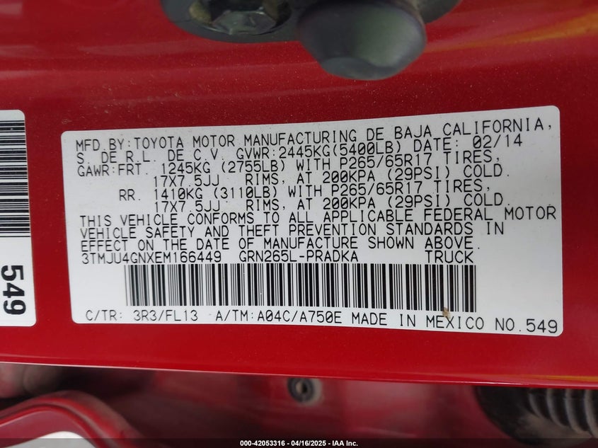 2014 TOYOTA TACOMA VIN: 3TMJU4GNXEM166449