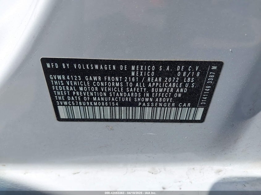 2019 Volkswagen Jetta 1.4T R-Line/1.4T S/1.4T Se VIN: 3VWC57BU9KM086154 Lot: 42053363