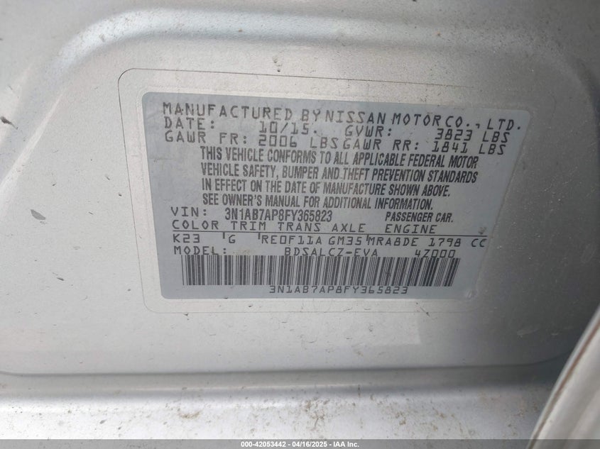 2015 NISSAN SENTRA VIN: 3N1AB7AP8FY365823