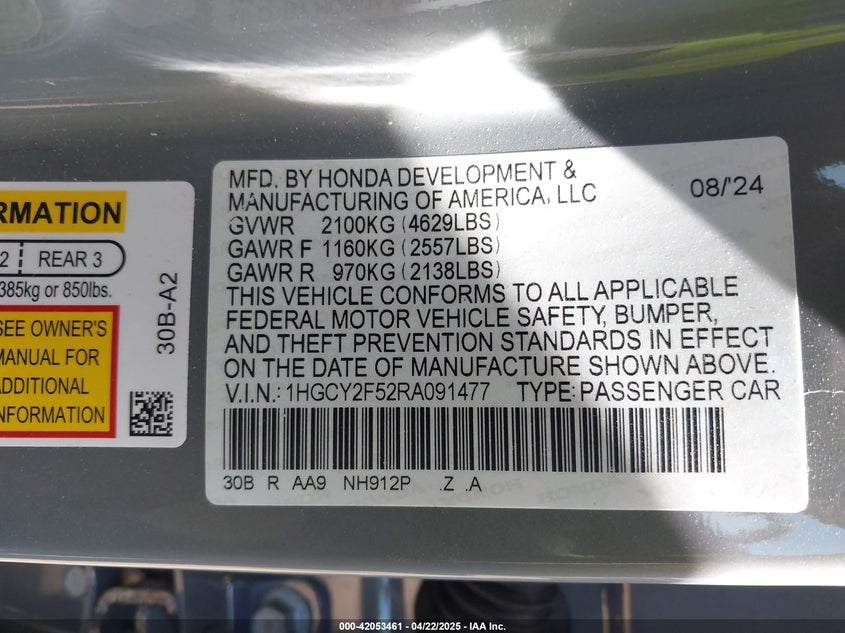 2024 HONDA ACCORD VIN: 1HGCY2F52RA091477