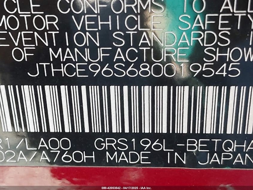 2008 Lexus Gs 350 VIN: JTHCE96S680019545 Lot: 42053542